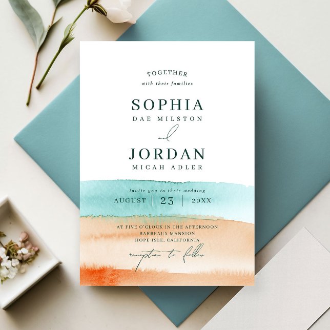 Modern Abstract Watercolor Ocean Beach Wedding Invitation (Creator Uploaded)