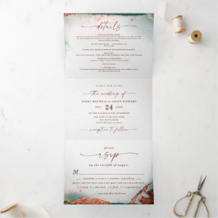 Modern Abstract Watercolor Terra Cotta Wedding Tri-Fold Invitation