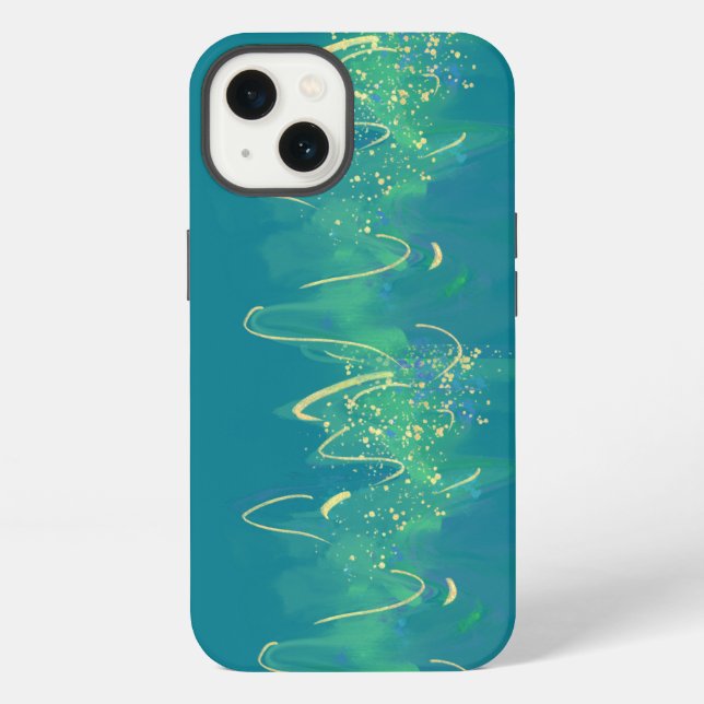 Modern Abstract Wavy Gold Lines Turquoise  iPhone Case (Back)