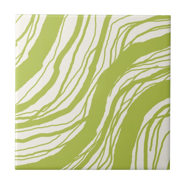 Modern Abstract Wavy Lines Avocado Green White Ceramic Tile (Front)