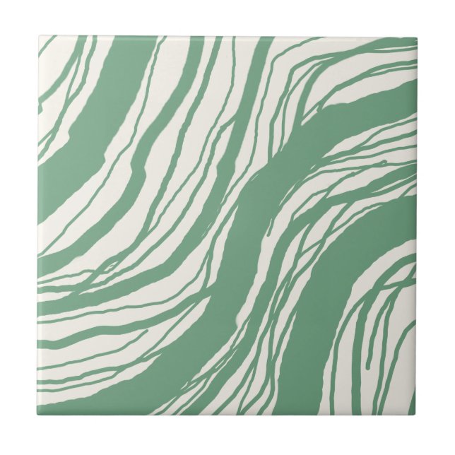 Modern Abstract Wavy Lines Sage Green White Ceramic Tile (Front)