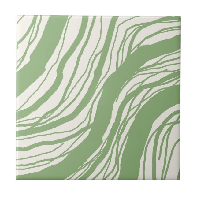 Modern Abstract Wavy Lines Sage Green White Ceramic Tile (Front)