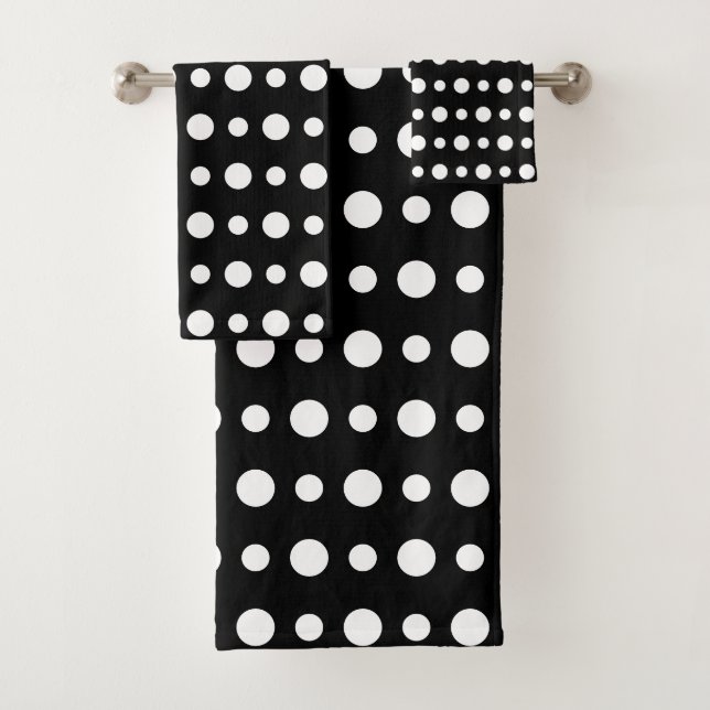 Modern Abstract White Polka Dots on Black Bath Towel Set (Insitu)