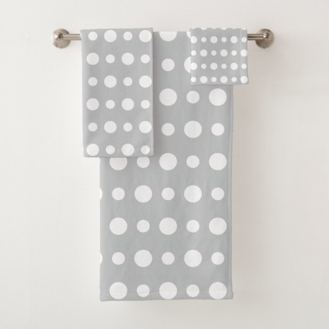 Modern Abstract White Polka Dots on Silver Gray Bath Towel Set (Insitu)