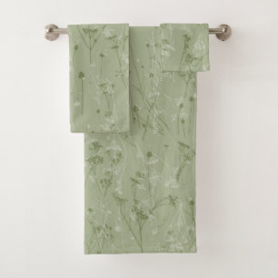 Modern Abstract Wildflowers Dark Sage Green Bath Towel Set