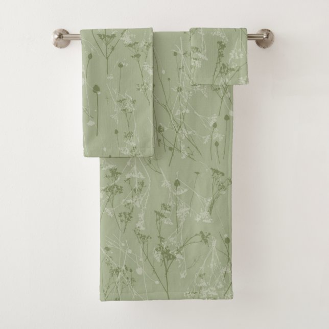 Modern Abstract Wildflowers Dark Sage Green Bath Towel Set (Insitu)