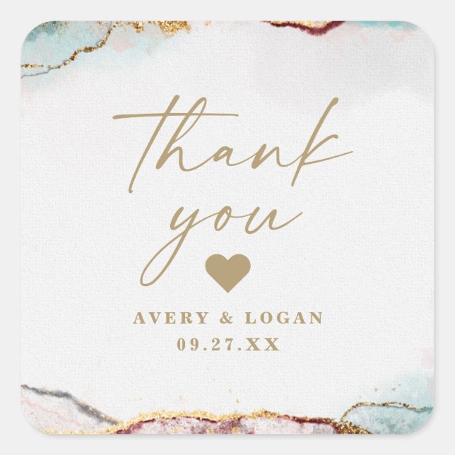 Modern Abstract Wine Red & Gold Wedding Thank You Square Sticker (Front)