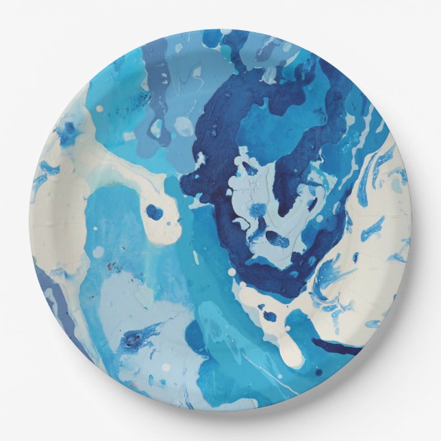 Modern abstract with pastel shades of blue ocean paper plate (Front)