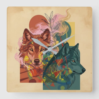 Modern Abstract Wolf & Nature Square Wall Clock
