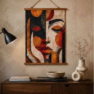 Modern Abstract Woman Face Orange Black Red Hanging Tapestry