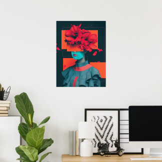 Modern abstract woman portrait with flowers poster