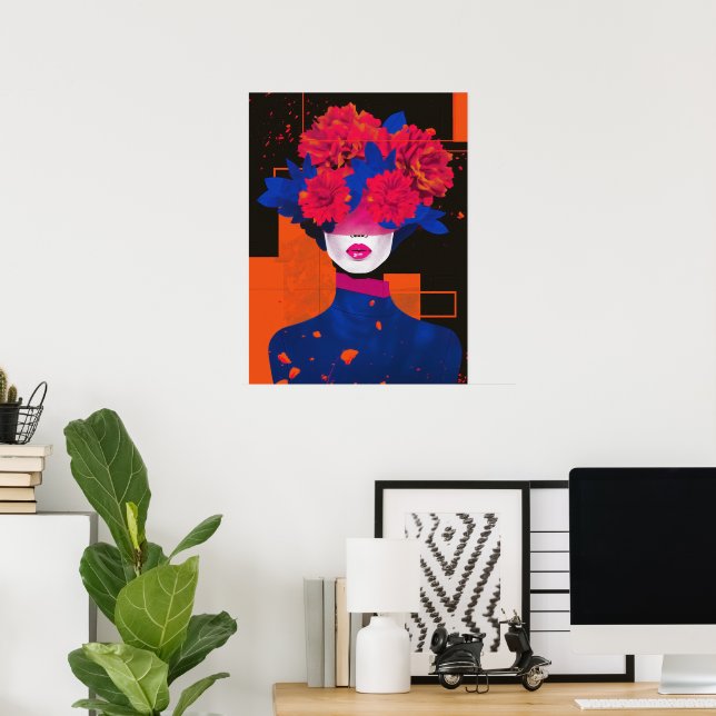 Modern abstract woman portrait with flowers poster (Home Office)
