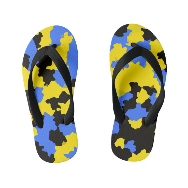 Modern Abstract Yellow Blue Black Pattern Design Kid's Thongs (Footbed)