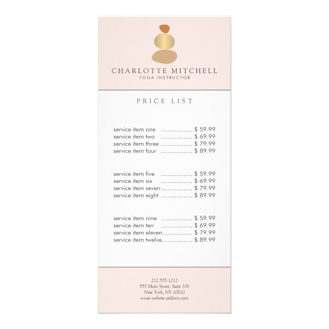 Modern Abstract Zen Stones Gold and Pink Logo Yoga Rack Card (Front)