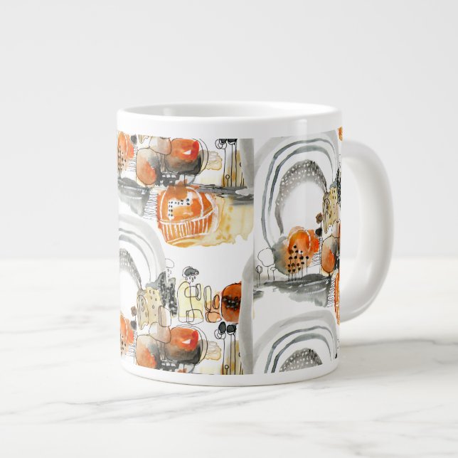 Modern Abstraction Cute Pattern Orange Doodle Large Coffee Mug (Front Right)