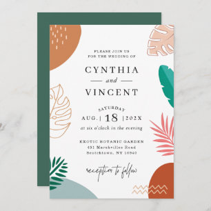 Modern Abstraction Tropical Leaves Summer Wedding Invitation