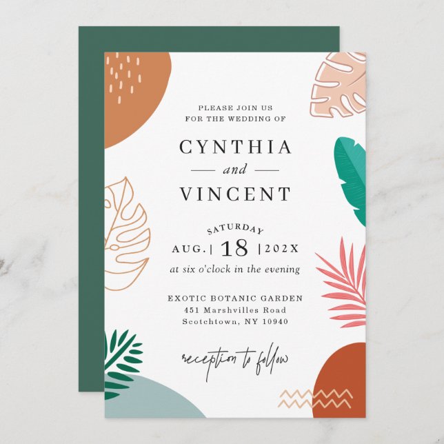 Modern Abstraction Tropical Leaves Summer Wedding Invitation (Front/Back)