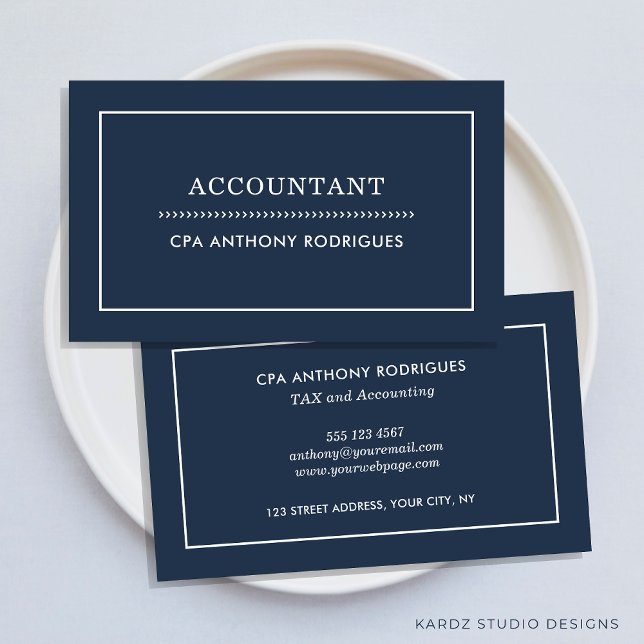 Modern Accountant Navy Blue Business Card (Accountant business cards shown in 3.5 x 2 inch. size, more sizes and colors are available.)