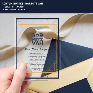 Modern Acrylic BAR MITZVAH Navy Gold Modern Clear Acrylic Invitations
