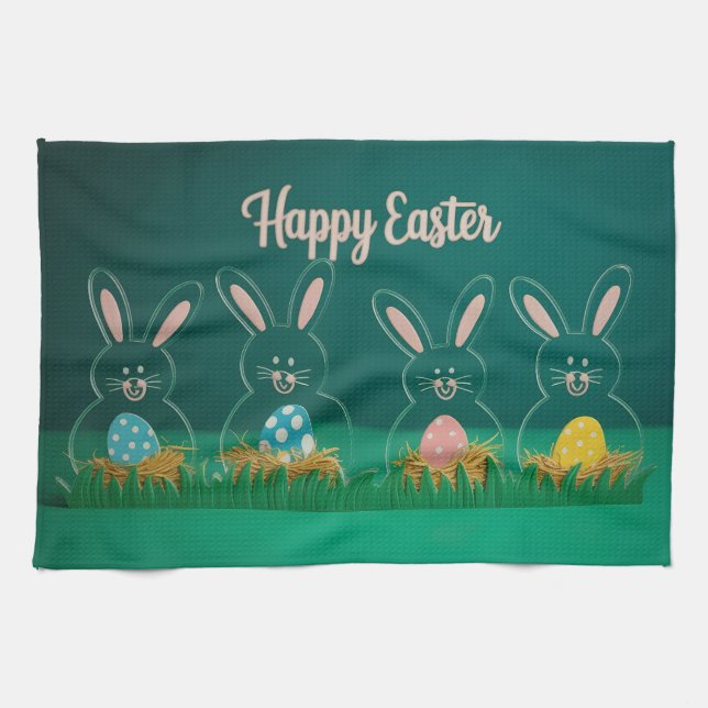 Modern Acrylic Easter Bunny Decorations with Eggs Tea Towel (Horizontal)