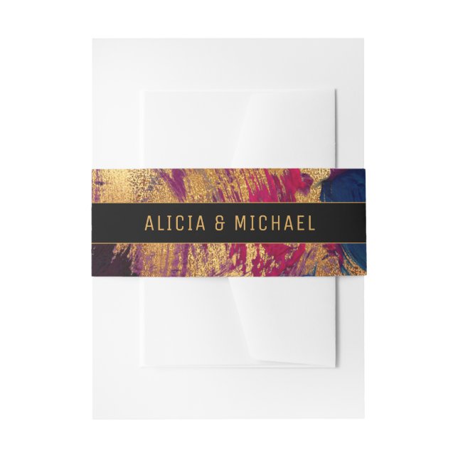 Modern acrylic painting colourful gold wedding invitation belly band (Front Example)
