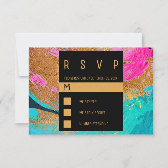 Modern acrylic painting colourful gold wedding RSVP card (Front)