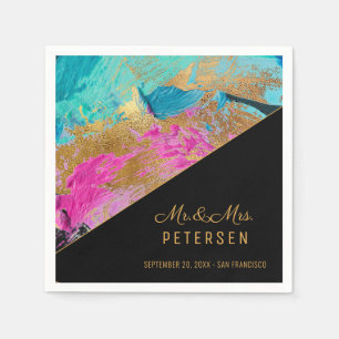 Modern acrylic painting gold wedding Mr & Mrs Napkin