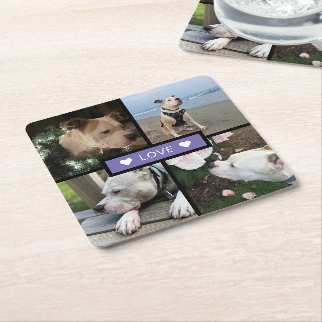 Modern Add Your Photo Collage Purple Square Paper Coaster (Angled)