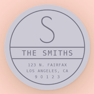 Modern Address & Monogram   Hazy Purple Lavender Classic Round Sticker