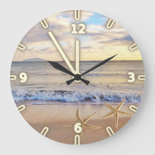 Modern Adorable   Beach Sunset,Sea stars Large Clock