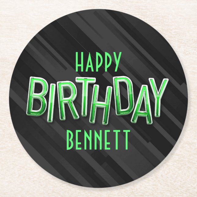 Modern Adult Green Birthday Round Paper Coaster (Front)