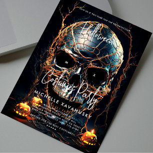 Modern Adult Halloween Party Black Gold Skull Invitation