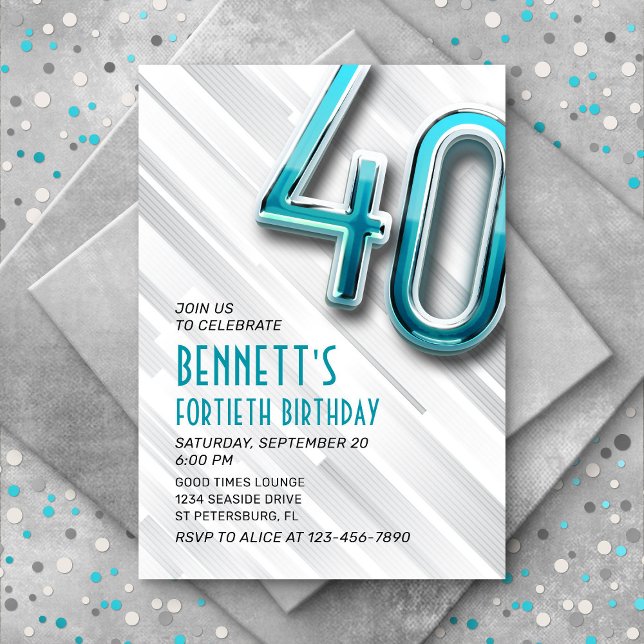 Modern Adult Teal 40th Birthday Invitation (Creator Uploaded)