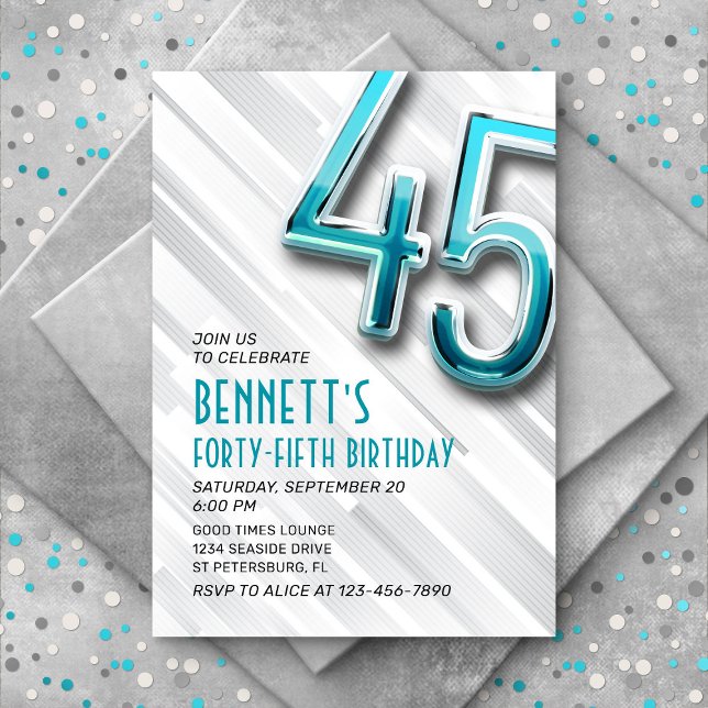 Modern Adult Teal 45th Birthday Invitation (Creator Uploaded)