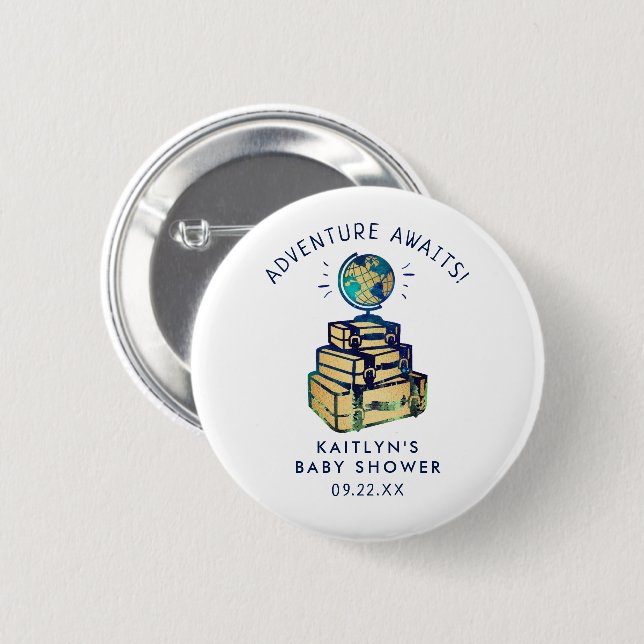 Modern Adventure Travel Globe Baby Shower 6 Cm Round Badge (Front & Back)