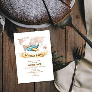 Modern Adventure World Map Aeroplane Baby Shower Invitation