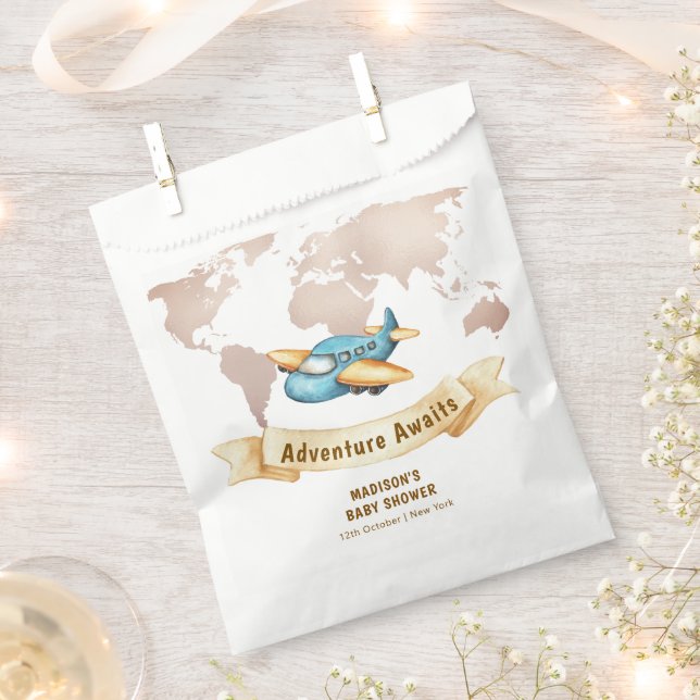 Modern Adventure World Map Airplane Baby Shower  Favour Bag (Clipped)
