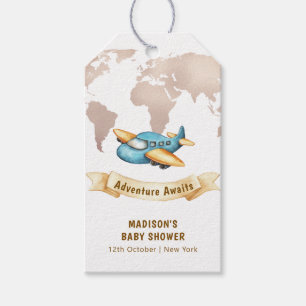 Modern Adventure World Map Airplane Baby Shower Gift Tags