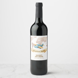 Modern Adventure World Map Airplane Baby Shower Wine Label