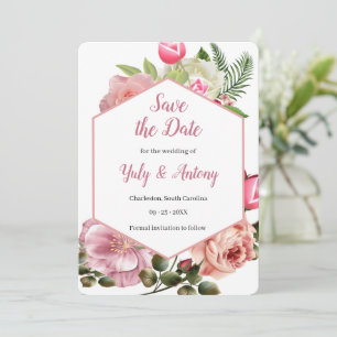 Modern Aesthetic Botanical Pink Hexagon Save The Date
