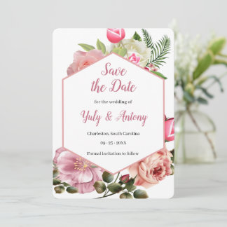 Modern Aesthetic Botanical Pink Hexagon Save The Date