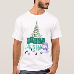 Modern Aesthetic Cute Snowman & Teal Merry Christm T-Shirt