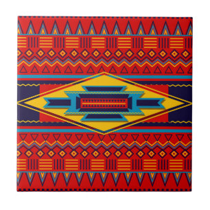 Modern African Art Gods Eye Pattern Red Yellow Ceramic Tile