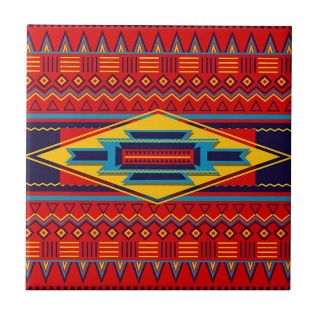 Modern African Art Gods Eye Pattern Red Yellow Ceramic Tile (Front)