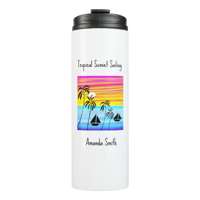Modern African Art, Tropical Sunset Sailing water  Thermal Tumbler (Front)