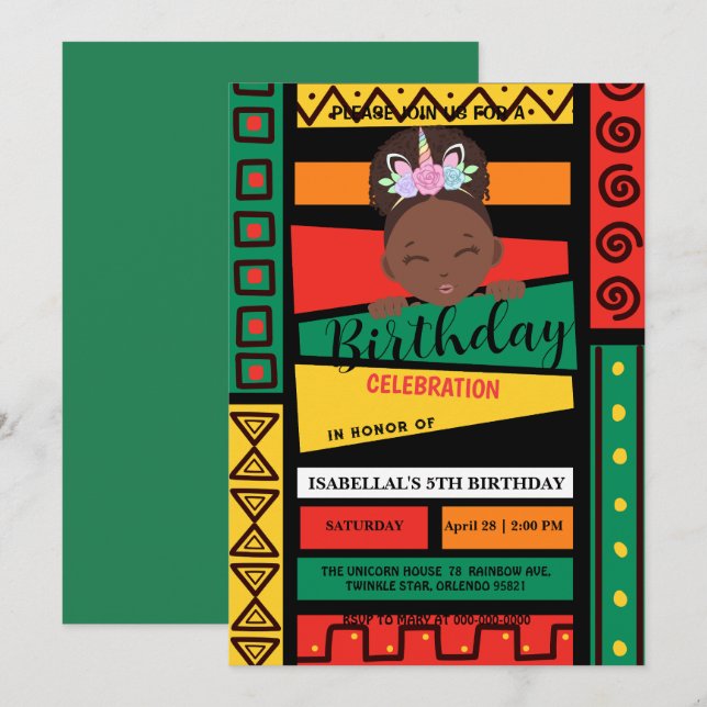 Modern afro African american girls Birthday party Invitation (Front/Back)