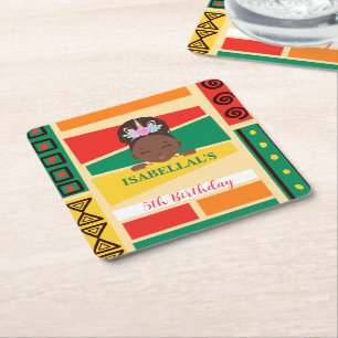 Modern afro African american girls Birthday party Square Paper Coaster