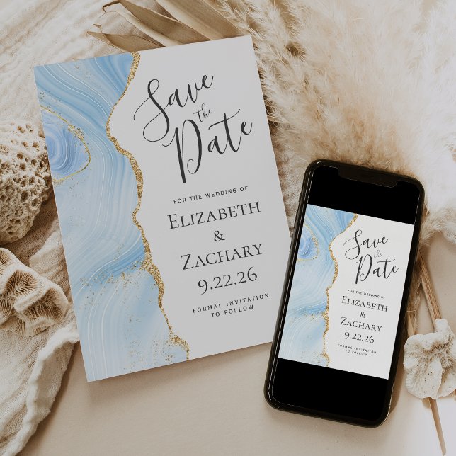 Modern Agate Baby Blue Gold Save the Date Card (Creator Uploaded)