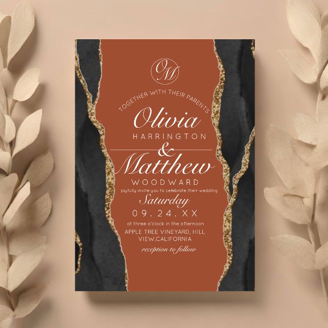  Modern Agate Black and Orange Gold Wedding Invitation (Creator Uploaded)