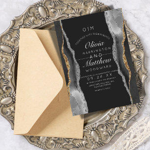  Modern Agate Black and White Silver Gold Wedding Invitation